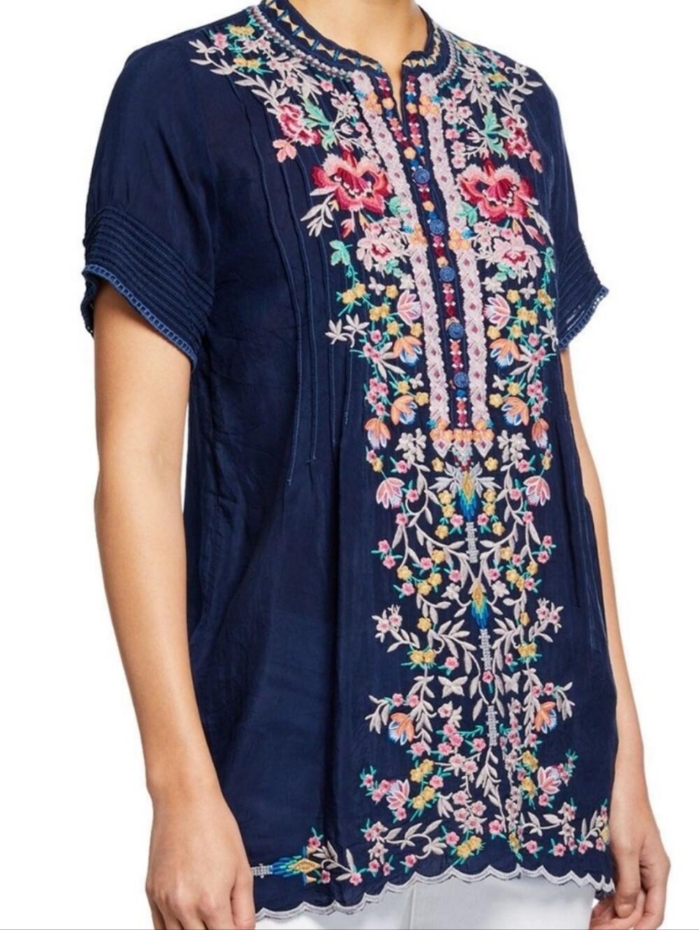 Johnny Was Navy Embroidered Floral Tunic Blouse Size Medium